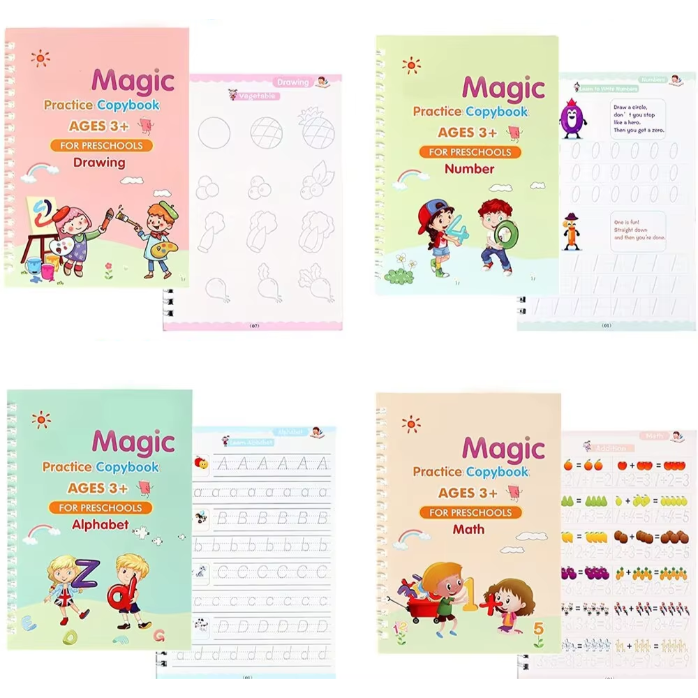 Kit 4 Livros de Escrita Mágica Infantil – Cadernos Reutilizáveis Montessori para Alfabeto, Números, Matemática e Desenho